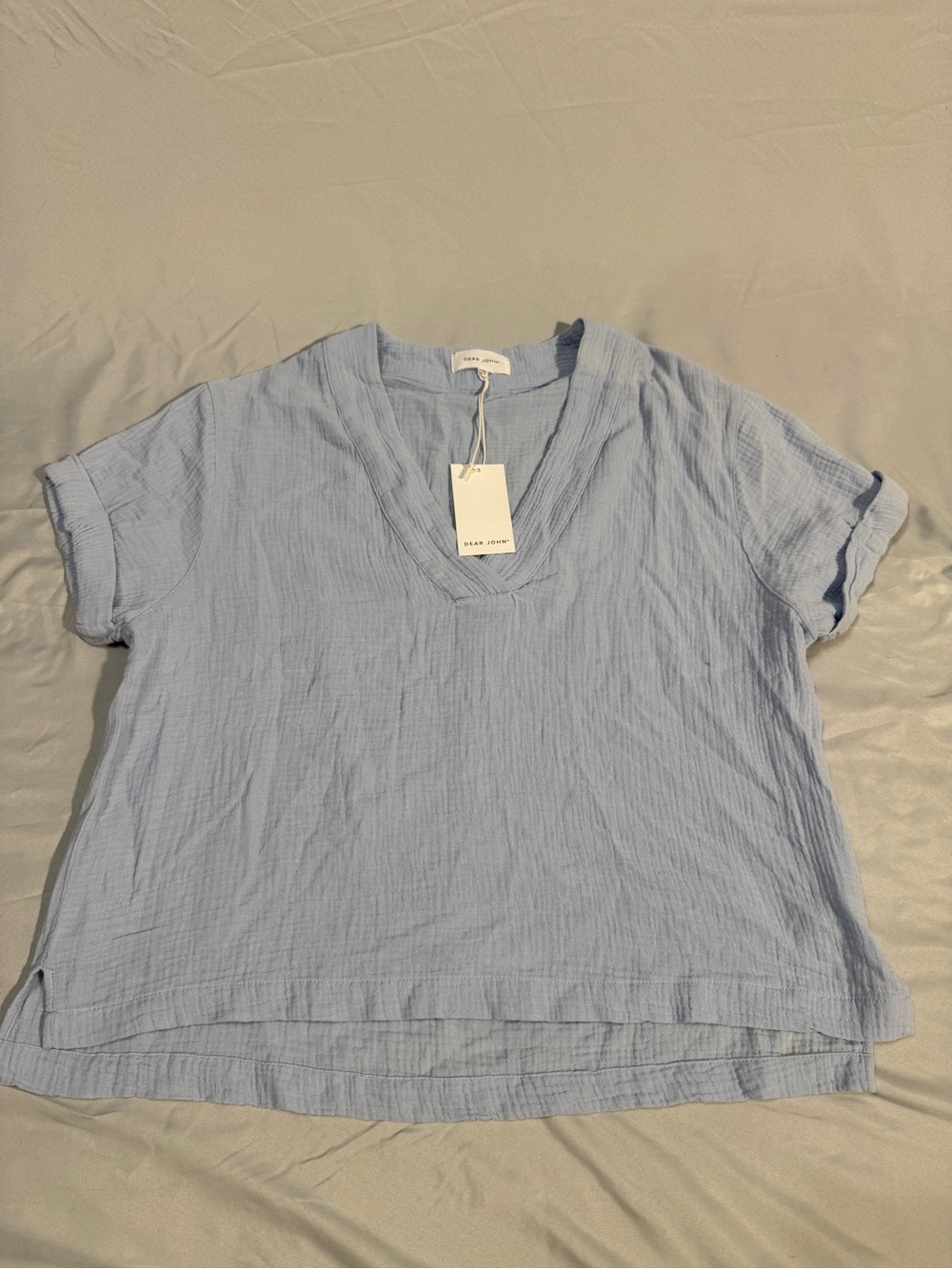 NWT Dear John Pale Blue V-Neck Linen Short Sleeve Top